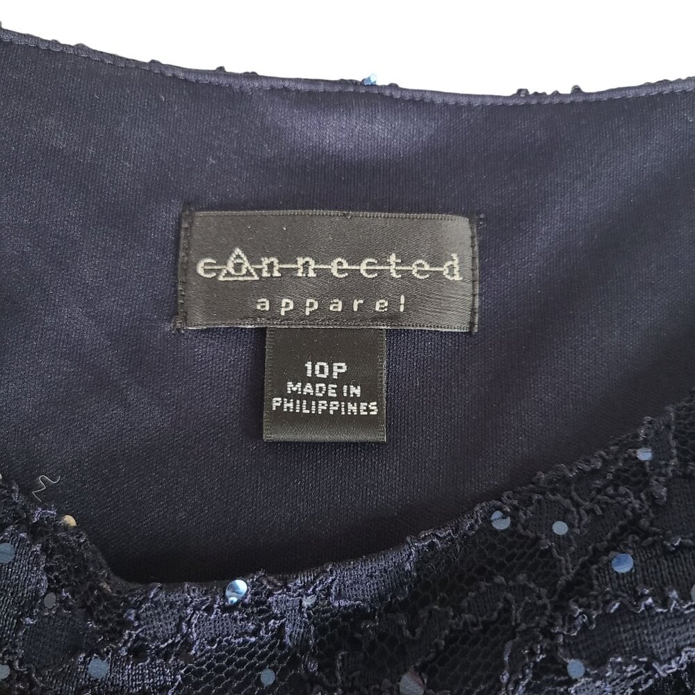 Navy Sequence Eyelash Faux Wrap Cocktail Dress Lace Bodice Sheath Dress Size 10P - Picture 4 of 9